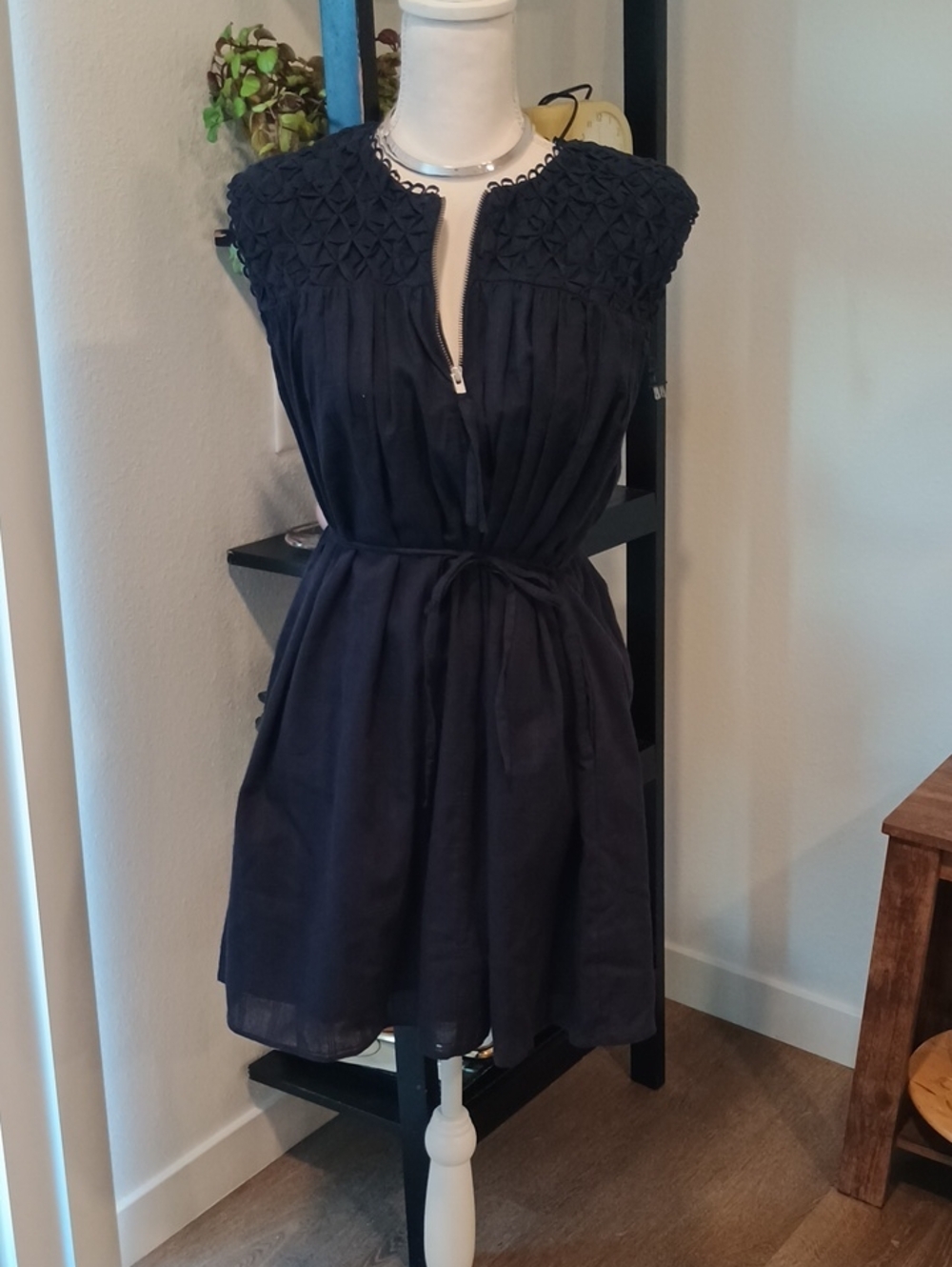 Ciebon Sleeveless Navy Dress with Textured Yoke and Tie Waist